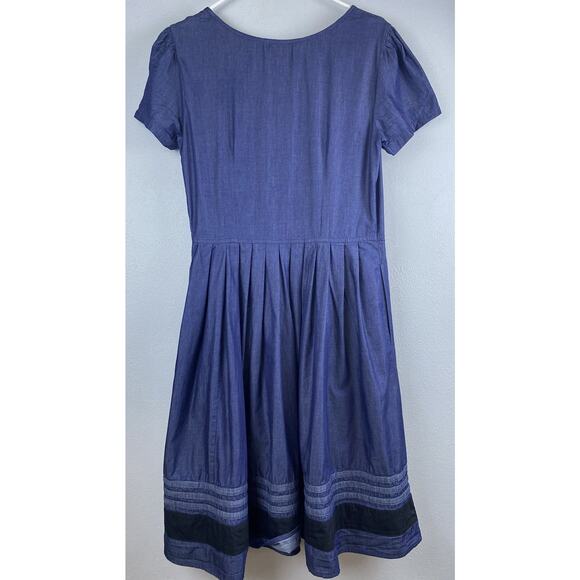 EShakti Sz M (10) Chambray Pintuck Puff SS Fit’N’Flare Black Trim Full Skirt Drs - Picture 6 of 14